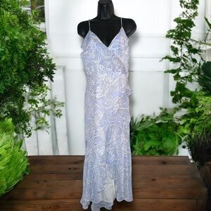 Express blue paisley ruffled faux wrap high low hem dress